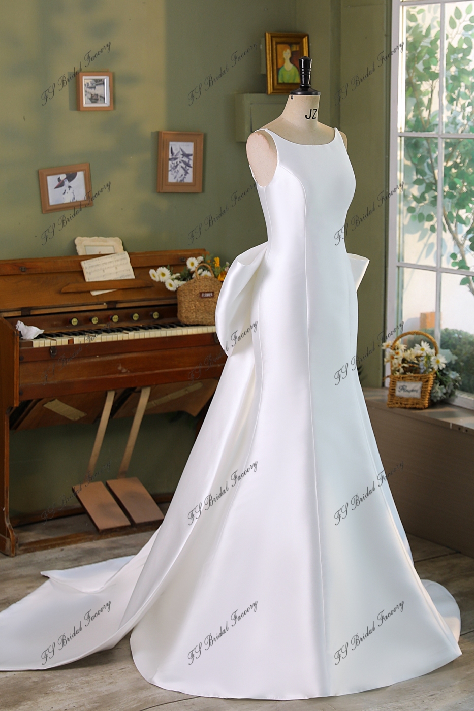 Detached Bow Simple Mikado Mermaid Bridal Dress