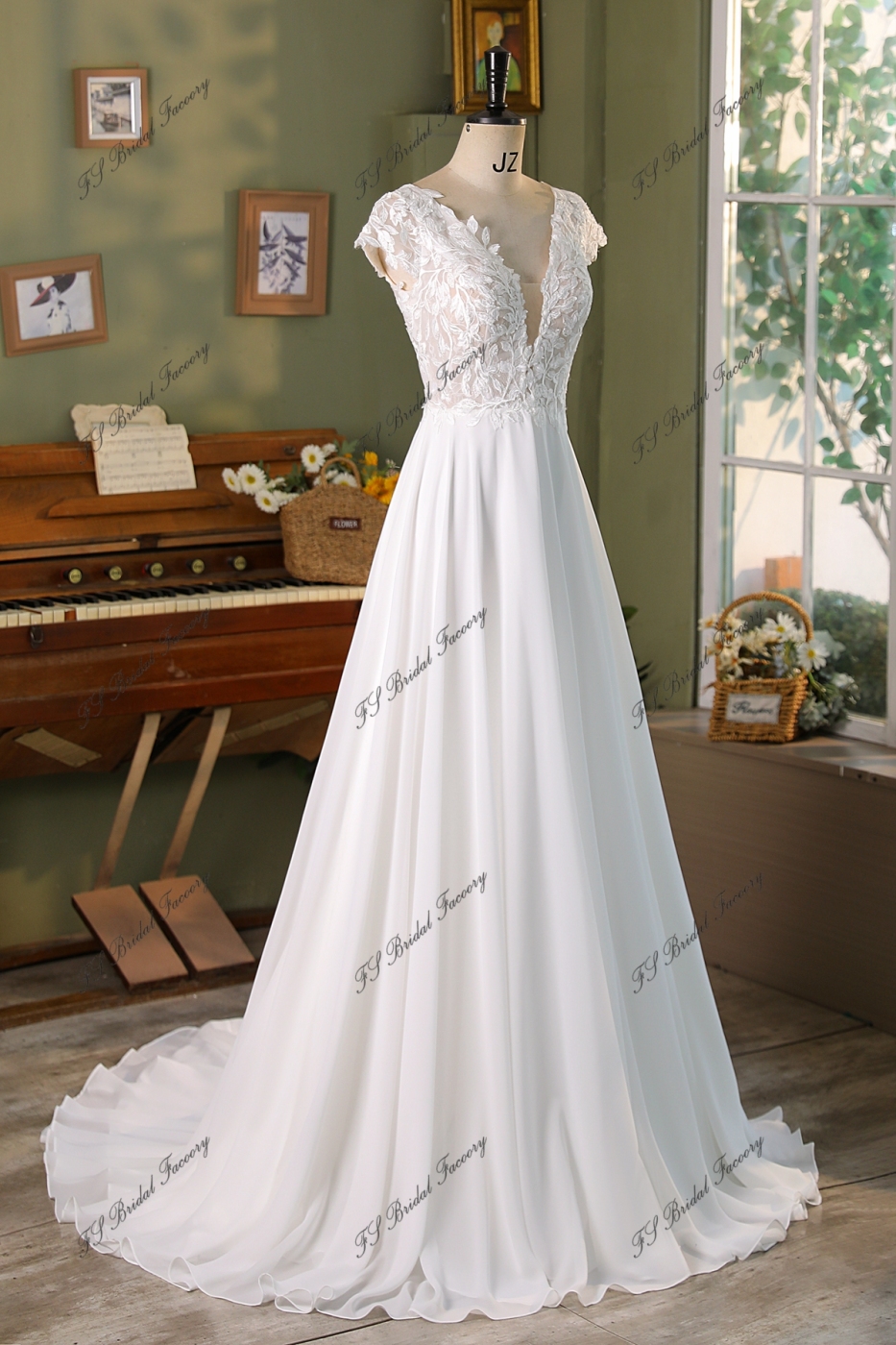 Cape Sleeve Lace A Line Chiffon Wedding Dress