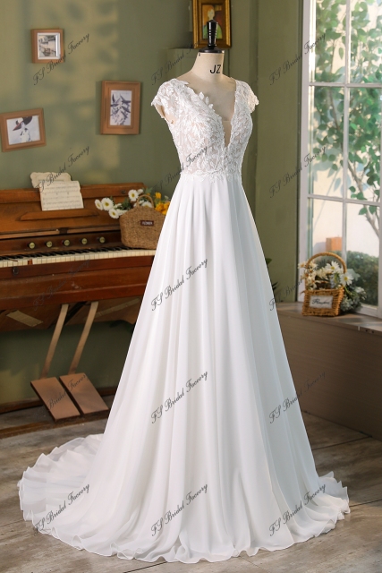 Cape Sleeve Lace A Line Chiffon Wedding Dress
