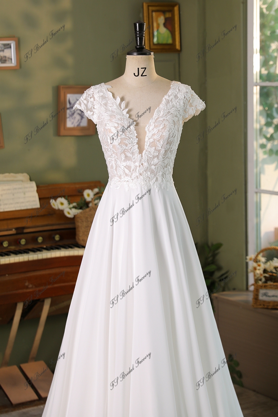 Cape Sleeve Lace A Line Chiffon Wedding Dress