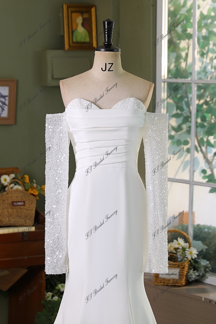 Detached Long Sleeve Beading Lace Crepe Bridal Dress