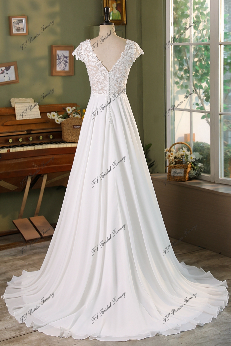 Honest A-Line Cap Sleeve Chiffon Cheap Beaded Wedding Dresses, FC1655