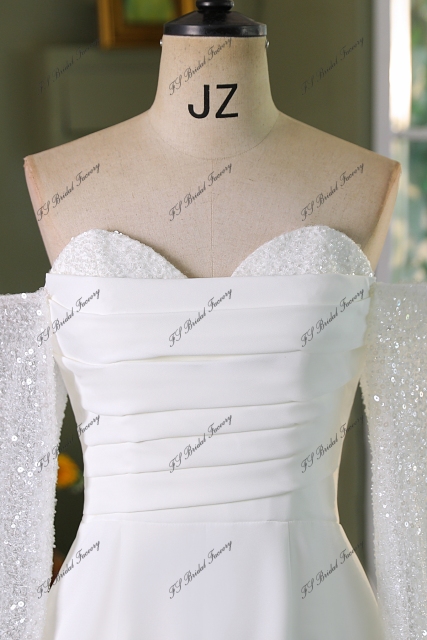 Detached Long Sleeve Beading Lace Crepe Bridal Dress