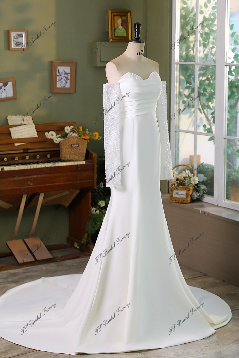Detached Long Sleeve Beading Lace Crepe Bridal Dress