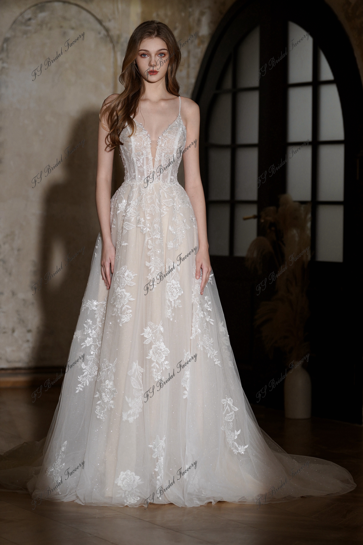 Spaghetti Strap Two Tone Floral Applique Tiered Panel Mesh A-Line Evening Gown