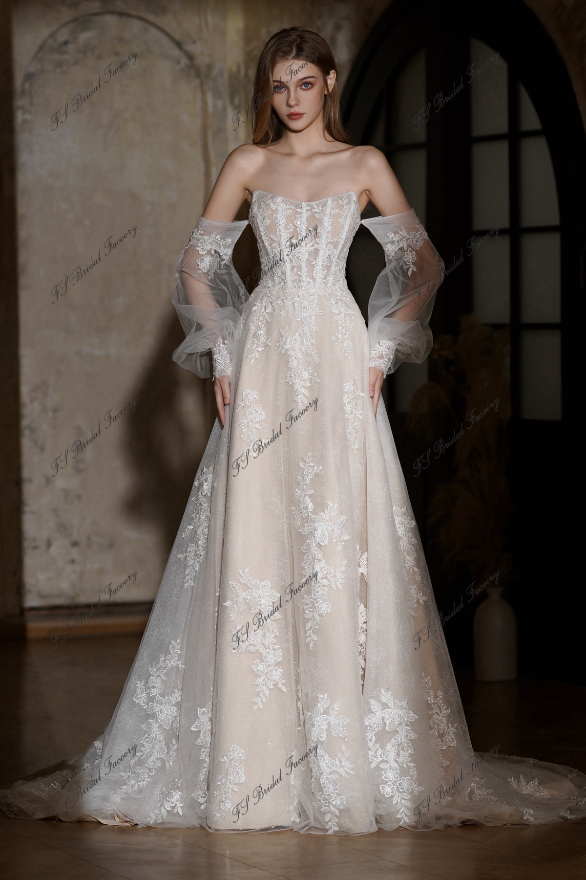 Sweetheart A Line Simple Wedding Gown Long Detachable Puffy Sleeves Bride Dress main image 1