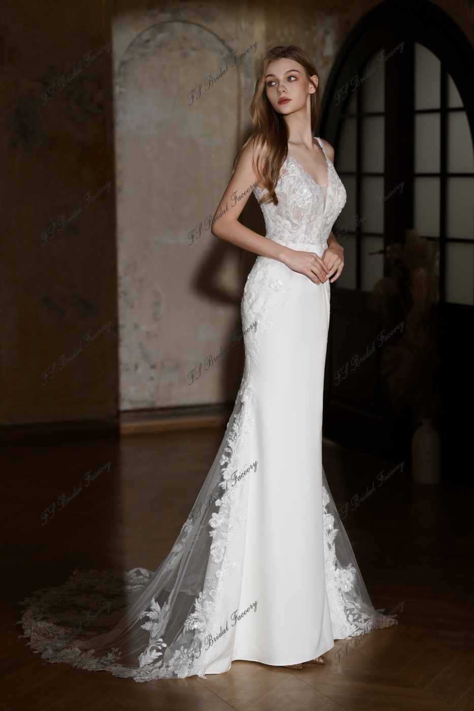 Detached Sleeve Crepe and Fit Wedding Dress