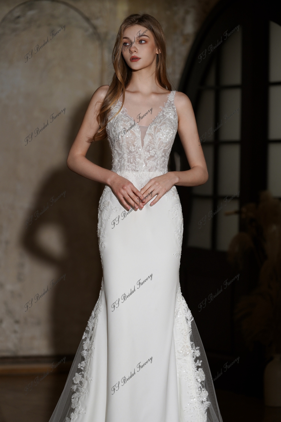 Detached Sleeve Crepe and Fit Wedding Dress