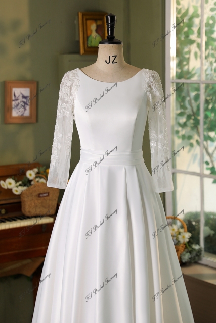 Lace Sleeve Satin Ball Gown Wedding Dress