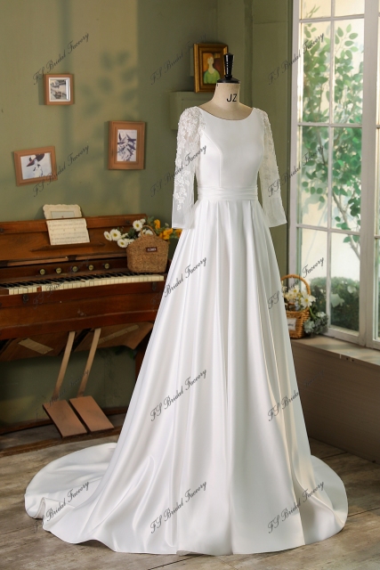 Lace Sleeve Satin Ball Gown Wedding Dress