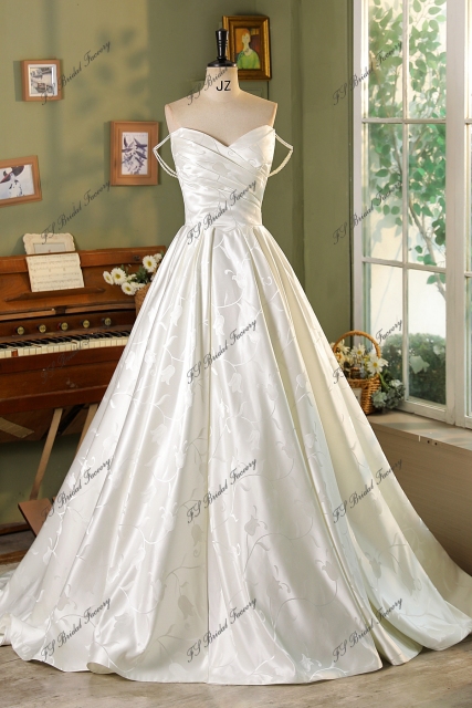 Pearl Straps Printed Satin Ball Gown With Pleat Bodice