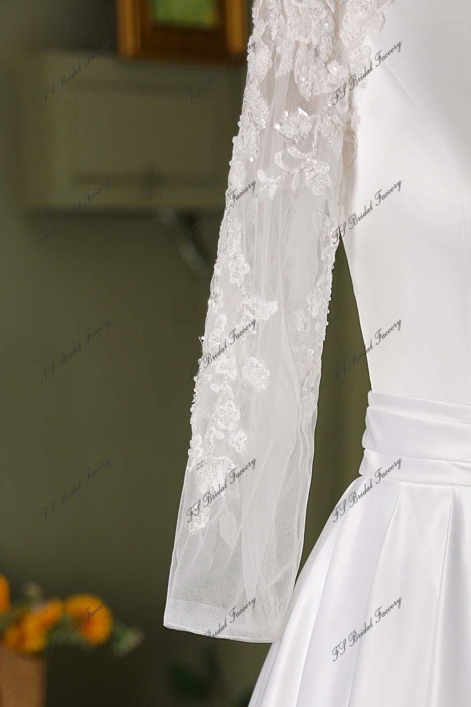 Lace Sleeve Satin Ball Gown Wedding Dress
