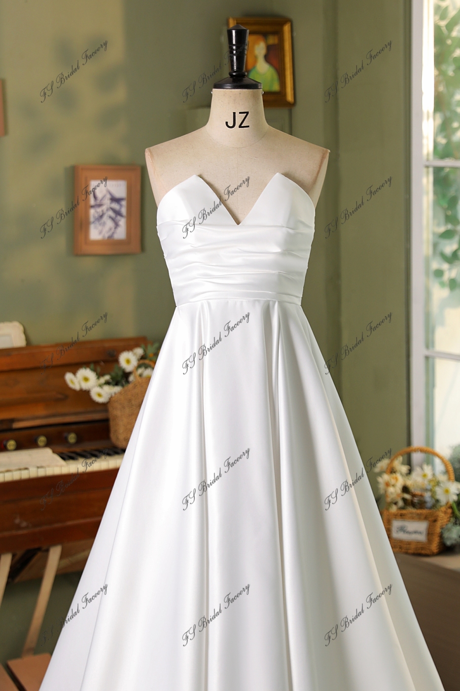Sequined A-Line V-neck Satin Gown with Pleated Skirt Chocolate main image 1