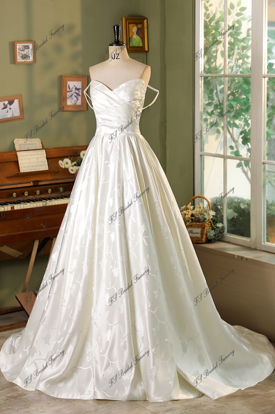 Pearl Straps Printed Satin Ball Gown With Pleat Bodice