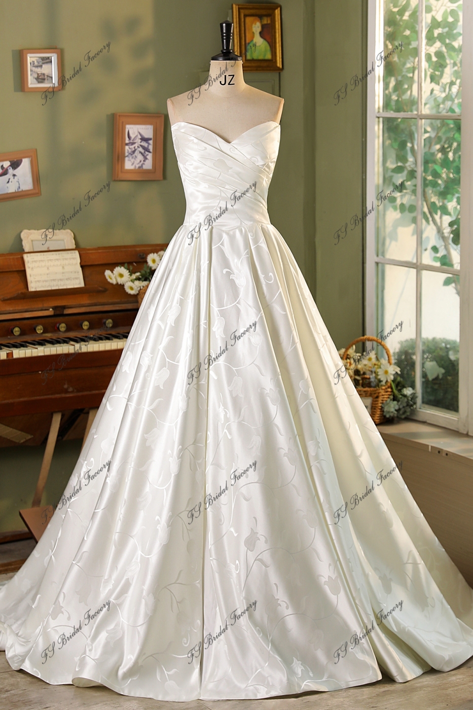 Pearl Straps Printed Satin Ball Gown With Pleat Bodice