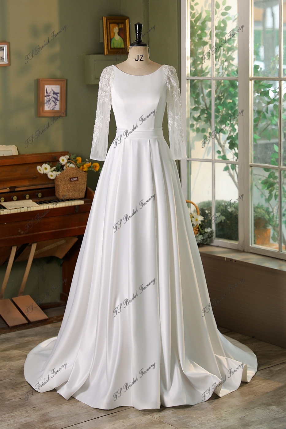 Lace Sleeve Satin Ball Gown Wedding Dress