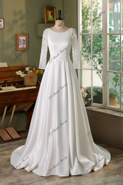 Lace Sleeve Satin Ball Gown Wedding Dress