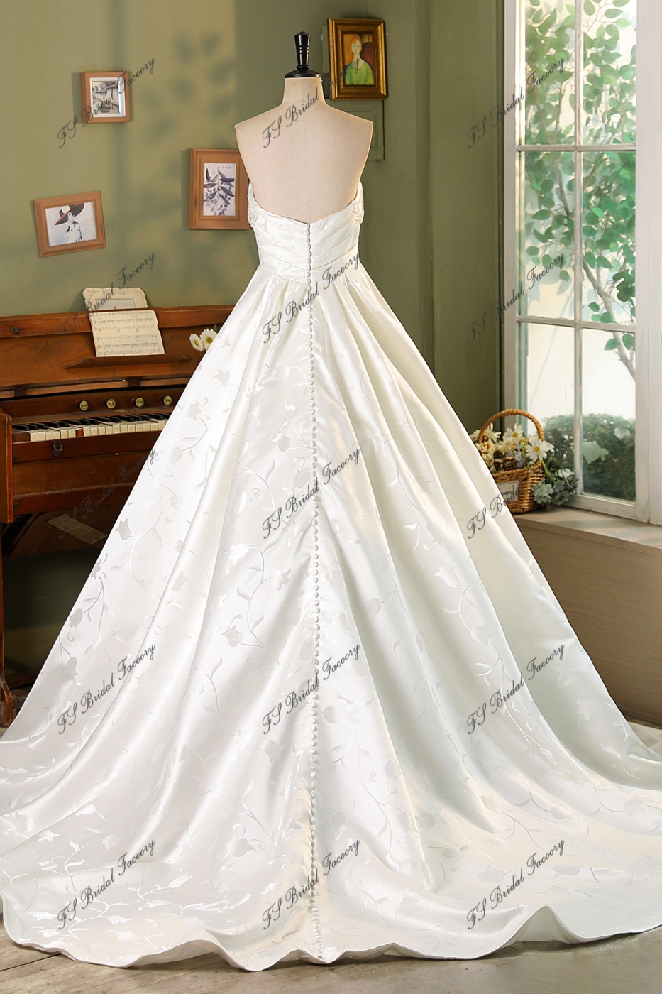 Pearl Straps Printed Satin Ball Gown With Pleat Bodice