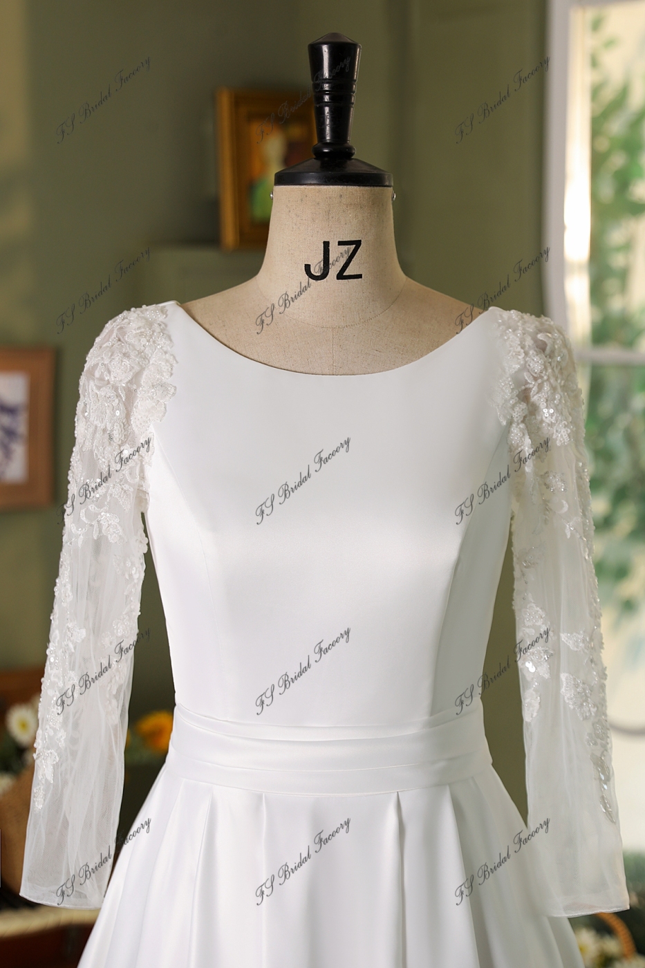 Lace Sleeve Satin Ball Gown Wedding Dress