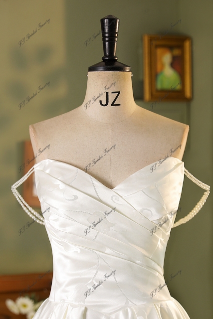 Pearl Straps Printed Satin Ball Gown With Pleat Bodice