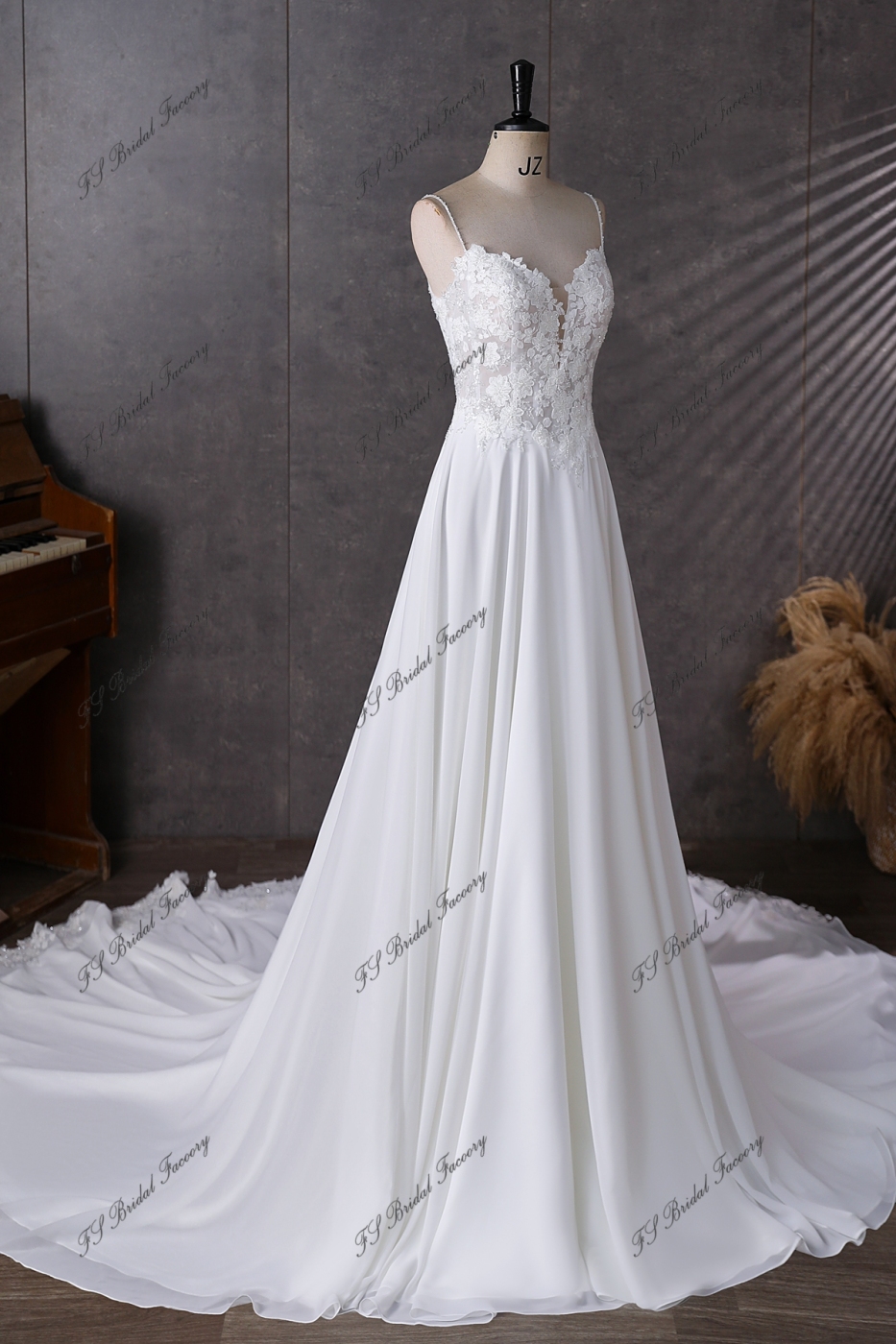 Spaghetti Straps  Beading Lace A Line Chiffon Wedding Dress
