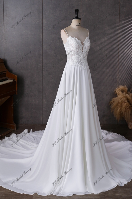 Spaghetti Straps  Beading Lace A Line Chiffon Wedding Dress