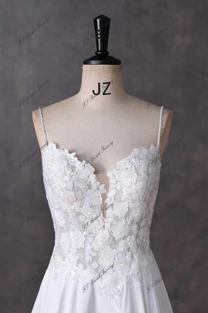 Spaghetti Straps  Beading Lace A Line Chiffon Wedding Dress