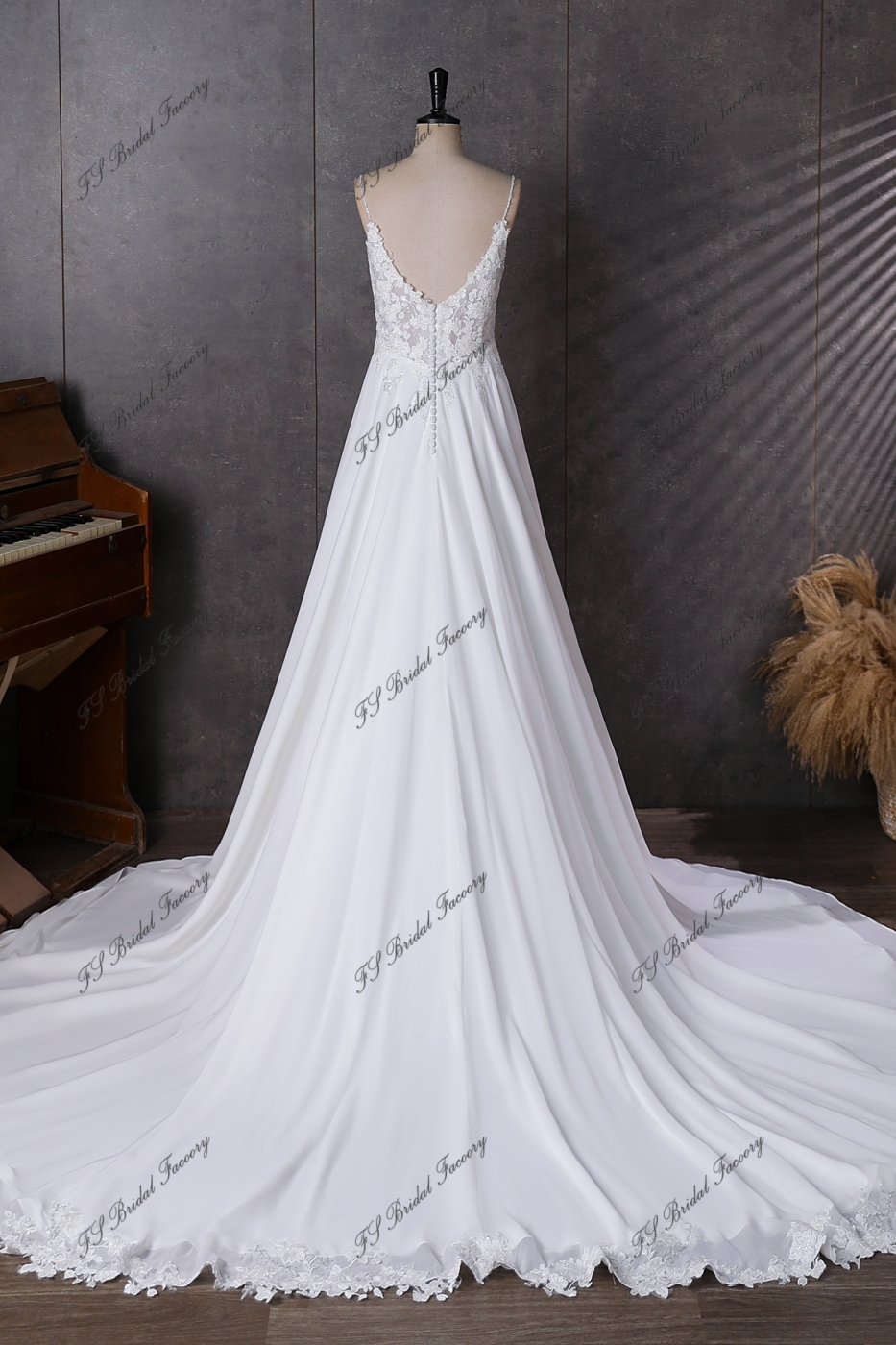 Spaghetti Straps  Beading Lace A Line Chiffon Wedding Dress