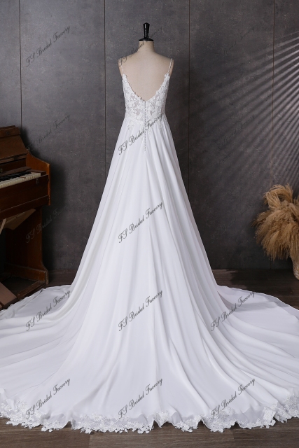 Spaghetti Straps  Beading Lace A Line Chiffon Wedding Dress