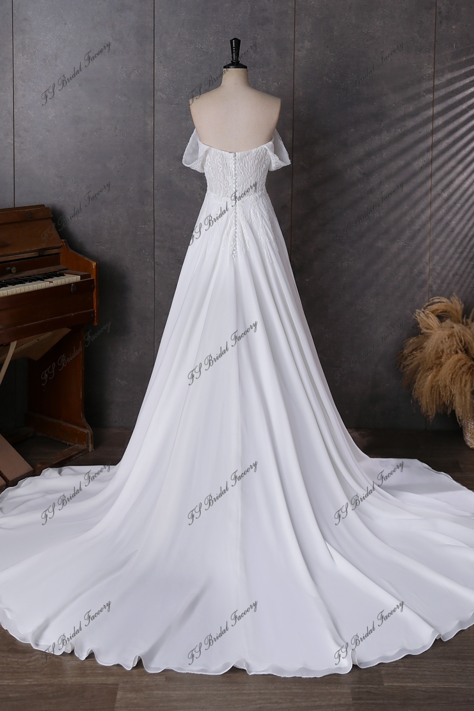 Detached Off Shoulder Sleeve Beading Lace A Line Chiffon Wedding Dress