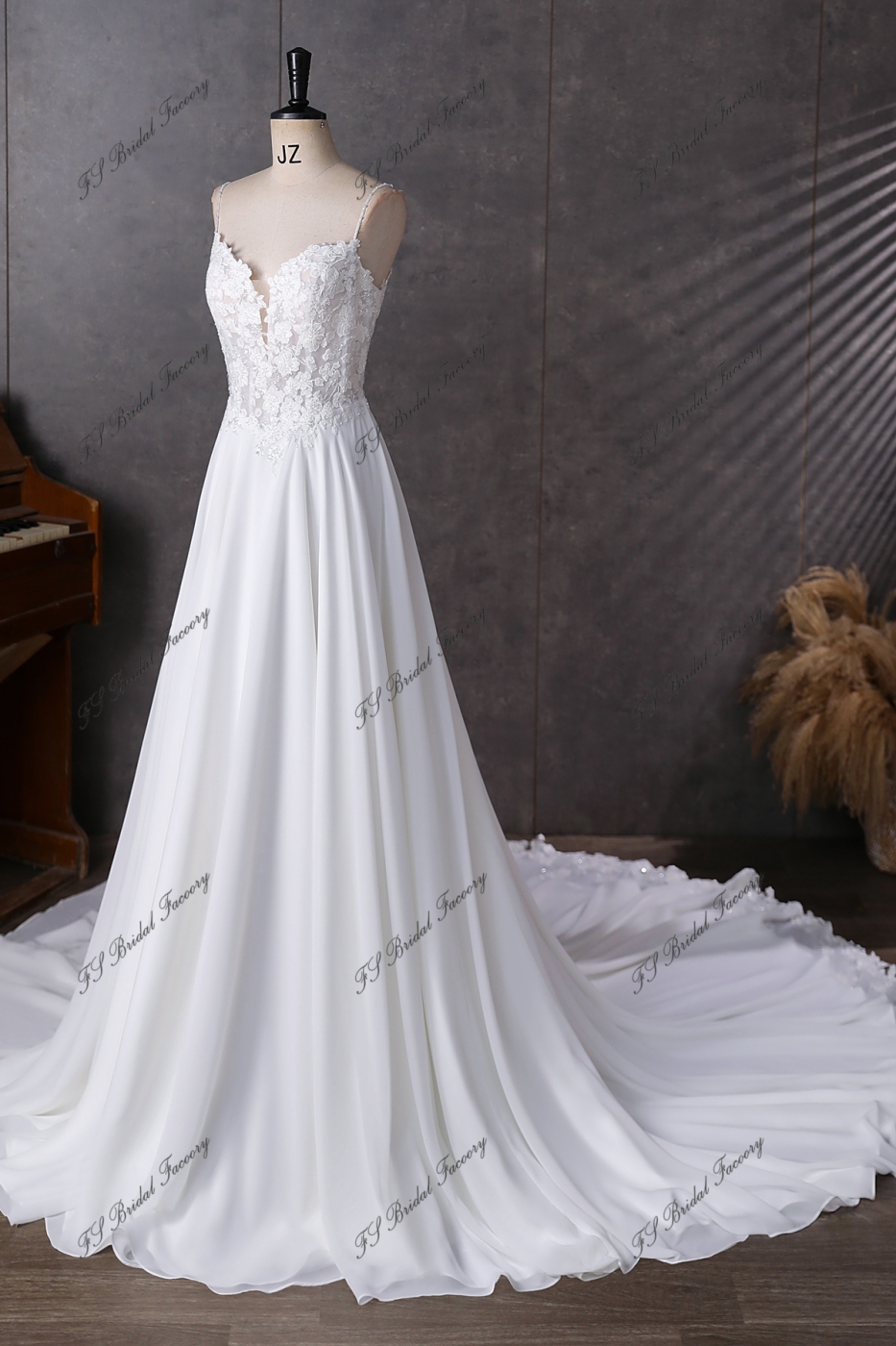 Spaghetti Straps  Beading Lace A Line Chiffon Wedding Dress