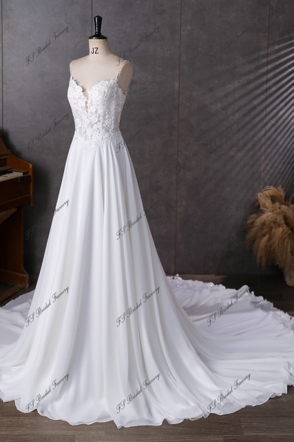 Spaghetti Straps  Beading Lace A Line Chiffon Wedding Dress
