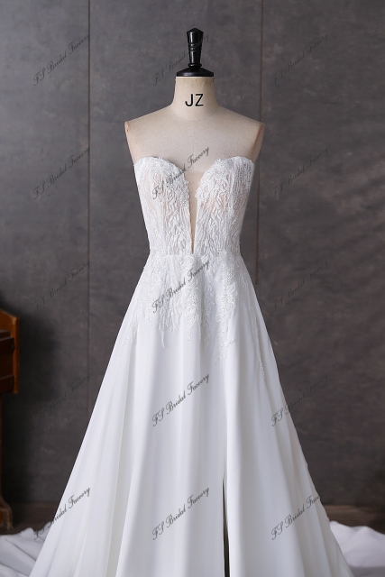 Detached Off Shoulder Sleeve Beading Lace A Line Chiffon Wedding Dress