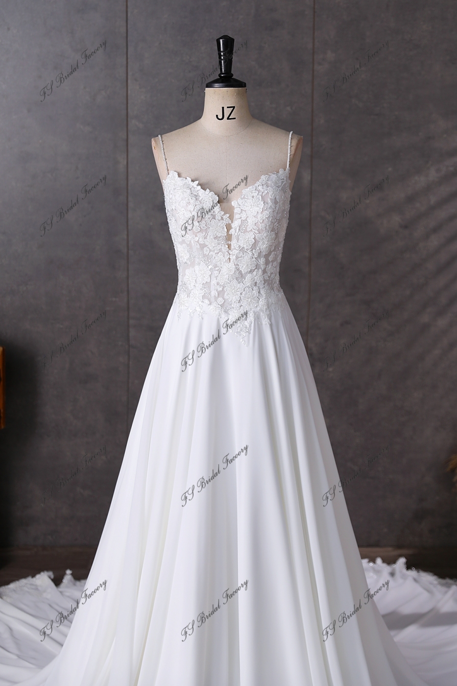 Spaghetti Straps  Beading Lace A Line Chiffon Wedding Dress