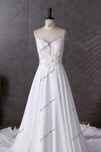Spaghetti Straps  Beading Lace A Line Chiffon Wedding Dress