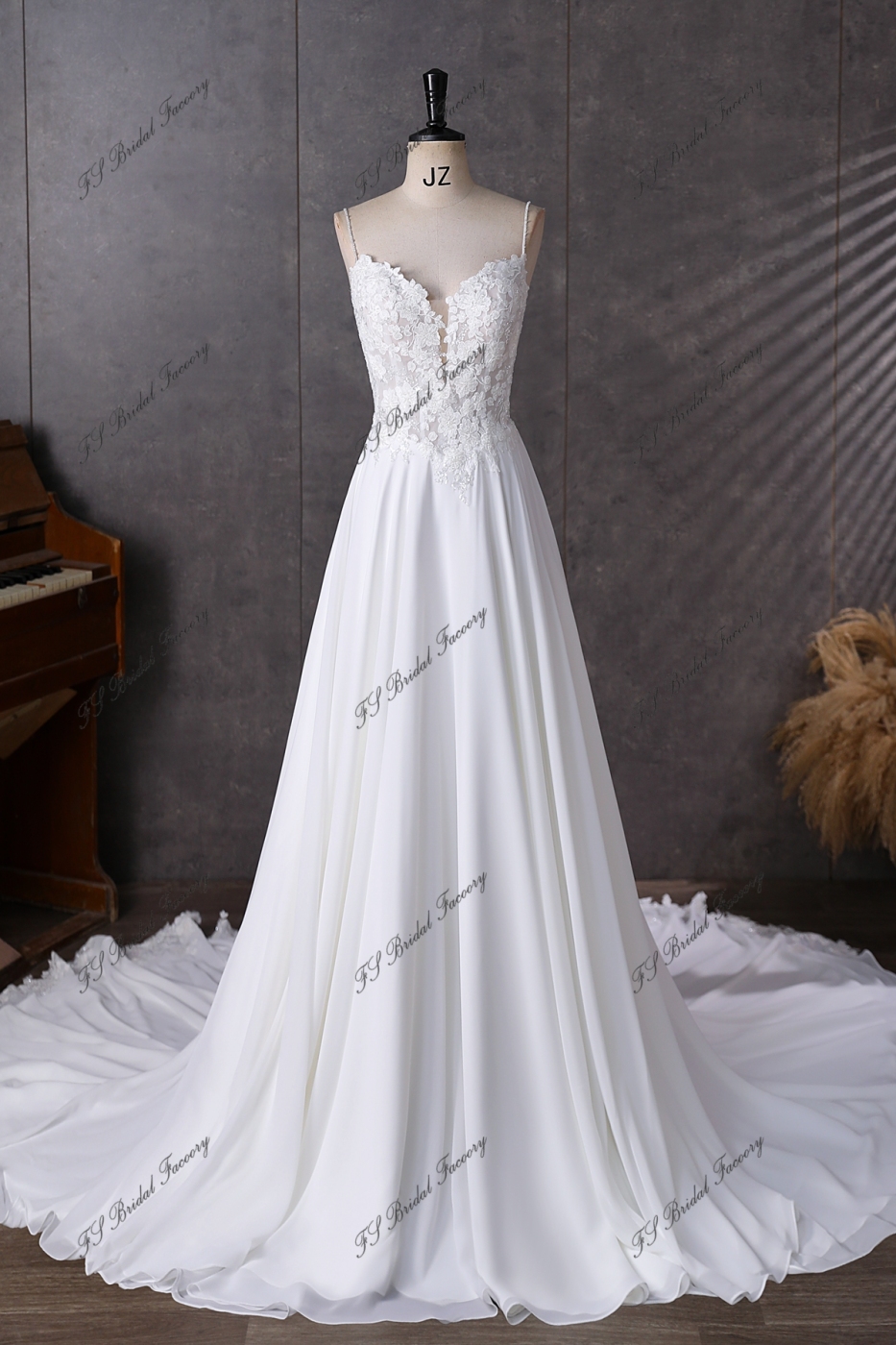 Spaghetti Straps  Beading Lace A Line Chiffon Wedding Dress