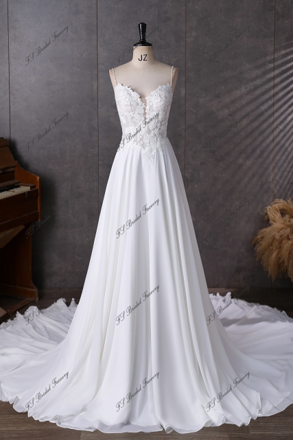 Spaghetti Straps  Beading Lace A Line Chiffon Wedding Dress