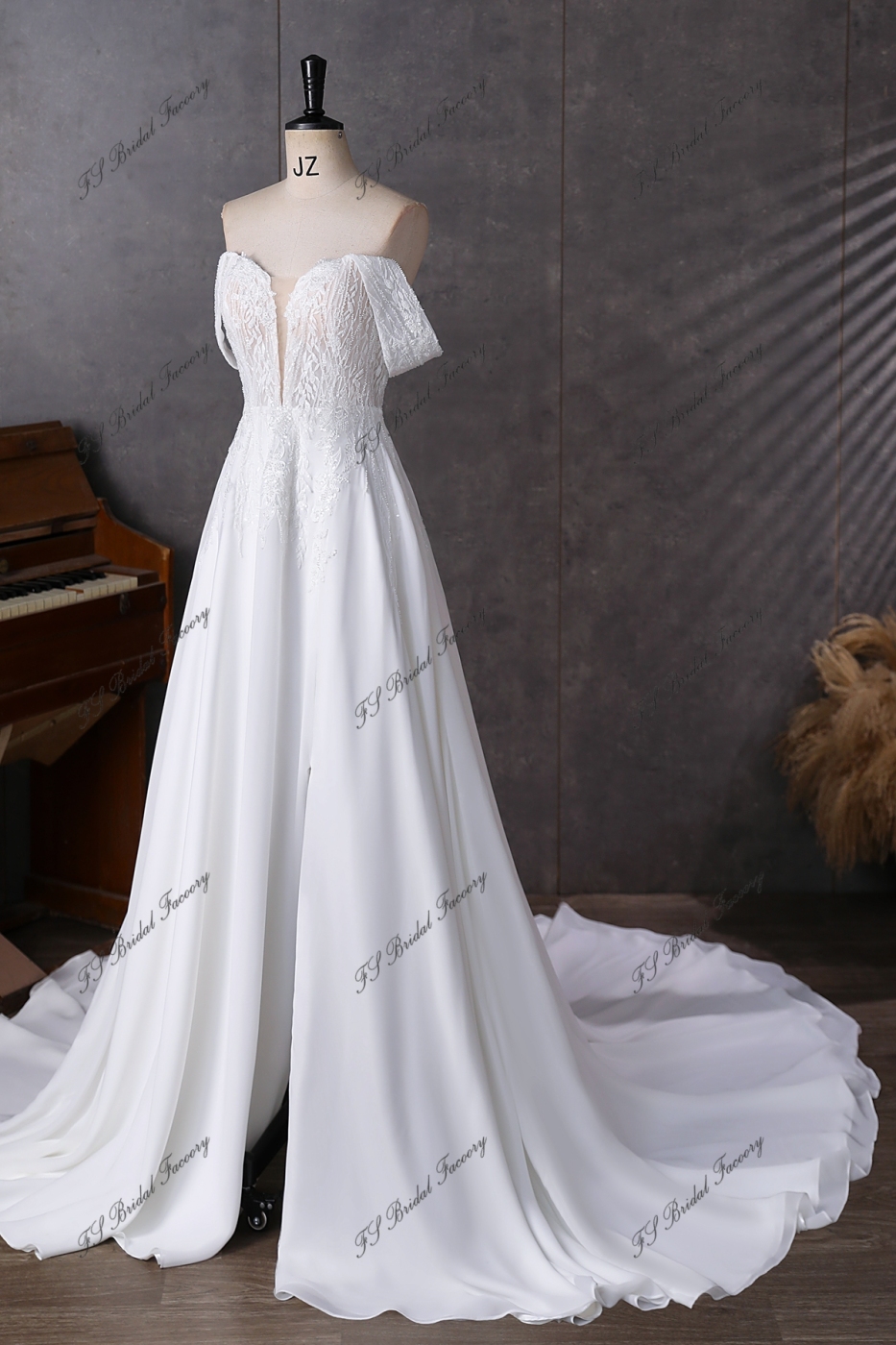 Detached Off Shoulder Sleeve Beading Lace A Line Chiffon Wedding Dress