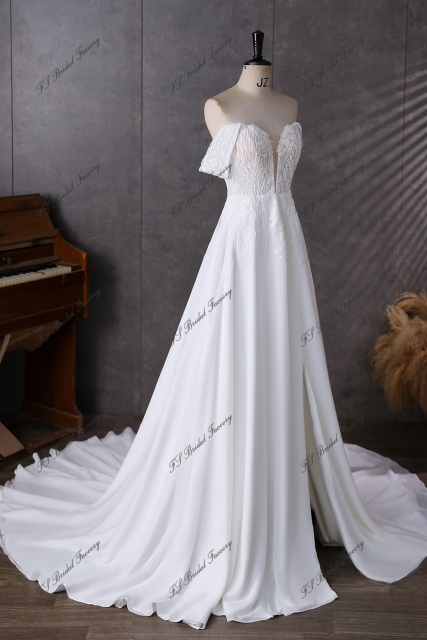 Detached Off Shoulder Sleeve Beading Lace A Line Chiffon Wedding Dress