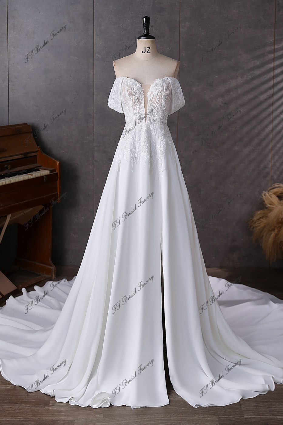 Detached Off Shoulder Sleeve Beading Lace A Line Chiffon Wedding Dress