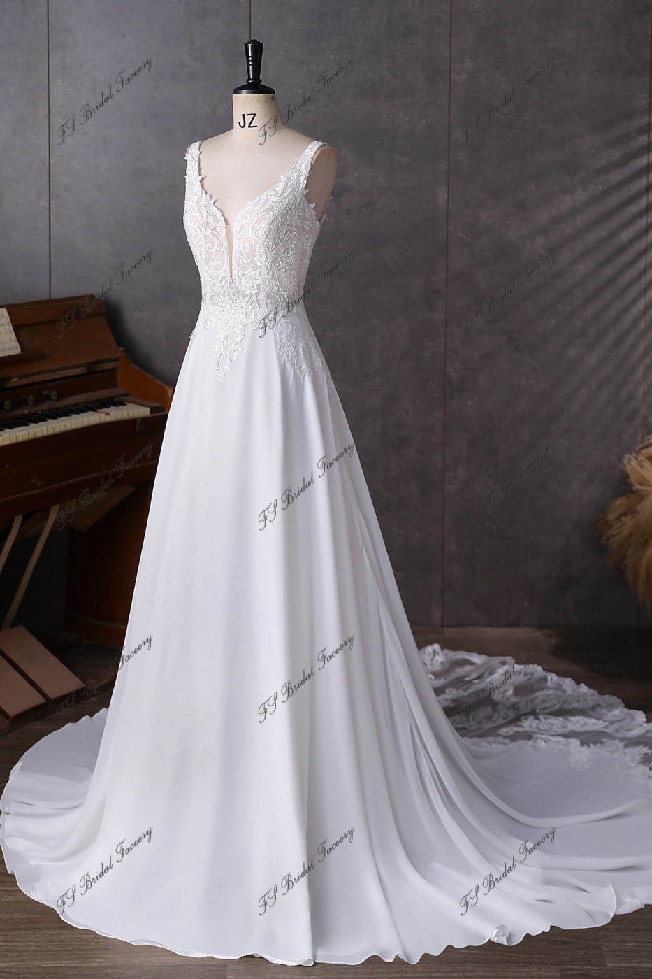 Simple Soft Lace A Line Chiffon Wedding Dress
