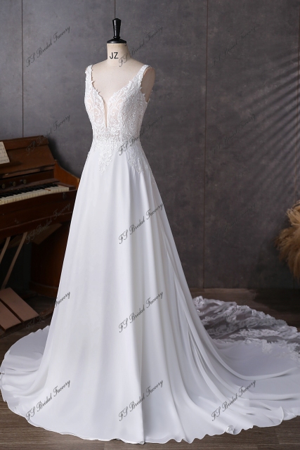Simple Soft Lace A Line Chiffon Wedding Dress
