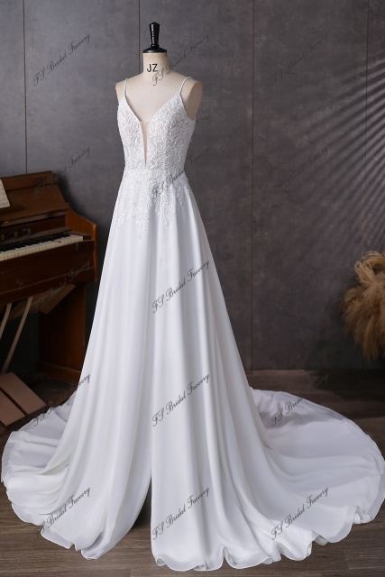 Spaghetti Straps  Beading Lace A Line Chiffon Wedding Dress