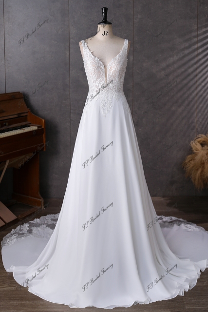 Simple Soft Lace A Line Chiffon Wedding Dress