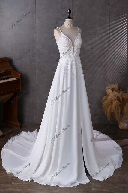 Spaghetti Straps  Beading Lace A Line Chiffon Wedding Dress