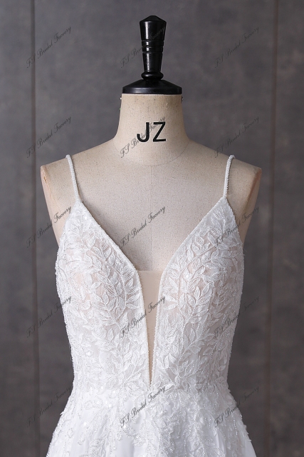 Spaghetti Straps  Beading Lace A Line Chiffon Wedding Dress