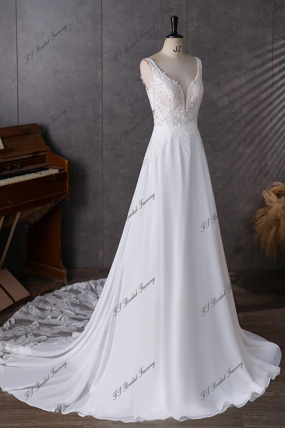 Simple Soft Lace A Line Chiffon Wedding Dress