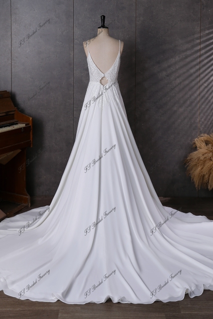 Spaghetti Straps  Beading Lace A Line Chiffon Wedding Dress