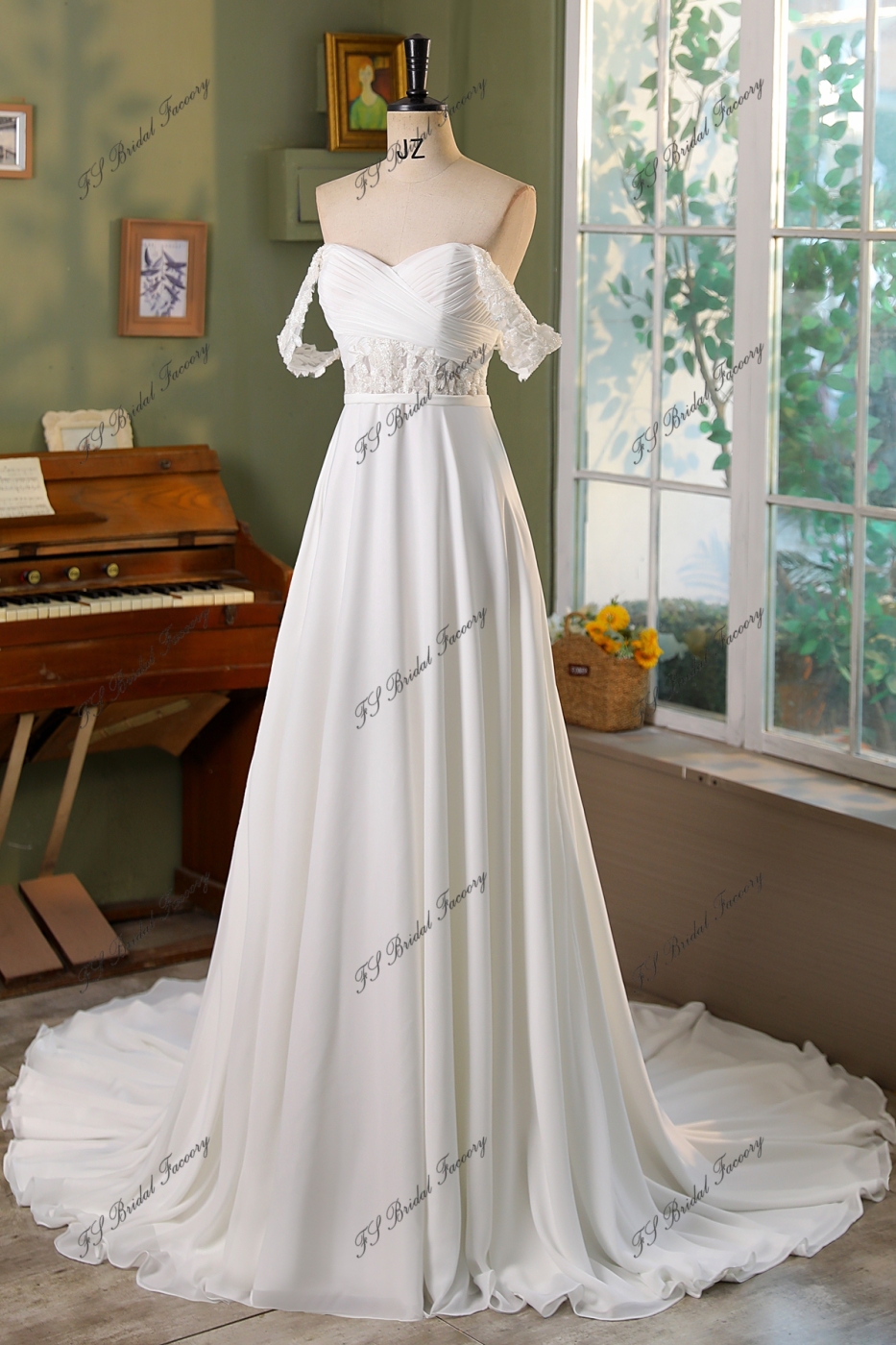 Detached Off Shoulder Sleeve Pleat A Line Chiffon Beading Wedding Dress