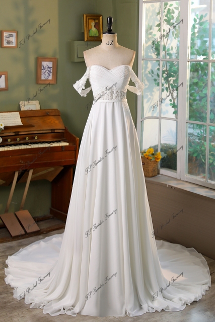 Detached Off Shoulder Sleeve Pleat A Line Chiffon Beading Wedding Dress